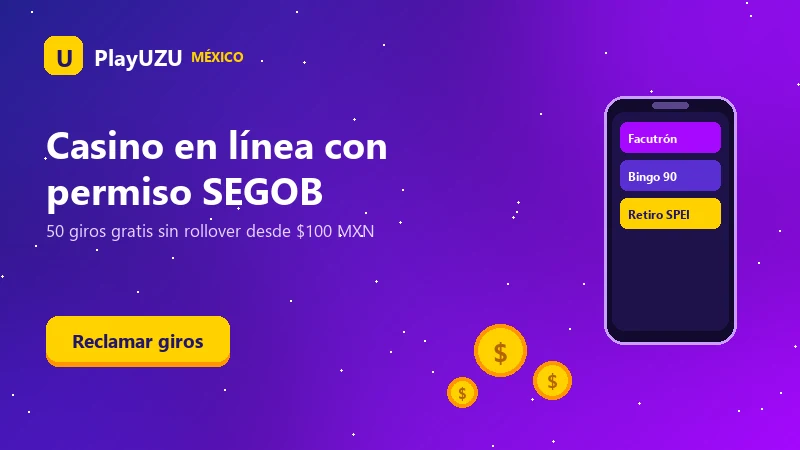 Lobby de tragamonedas de PlayUZU México con el bono de 50 giros gratis en pantalla