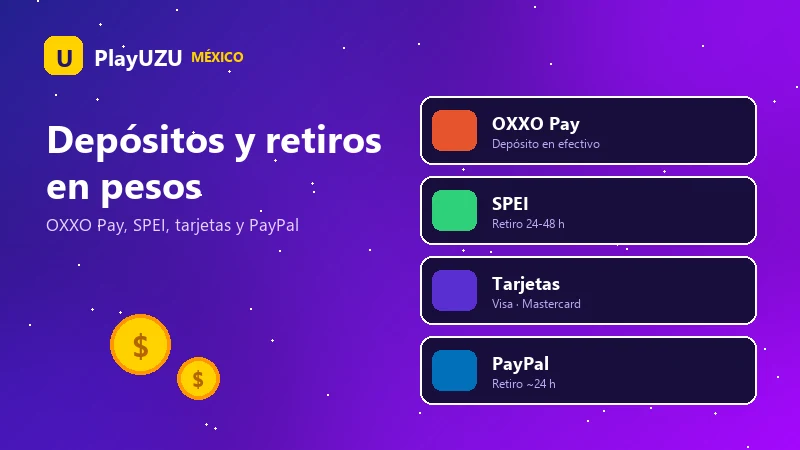 Depósitos y retiros en PlayUZU México con OXXO Pay, SPEI, tarjeta y PayPal en pesos mexicanos