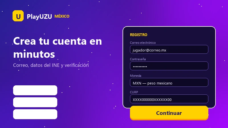 Formulario de registro de PlayUZU México con campos de correo, contraseña y moneda MXN
